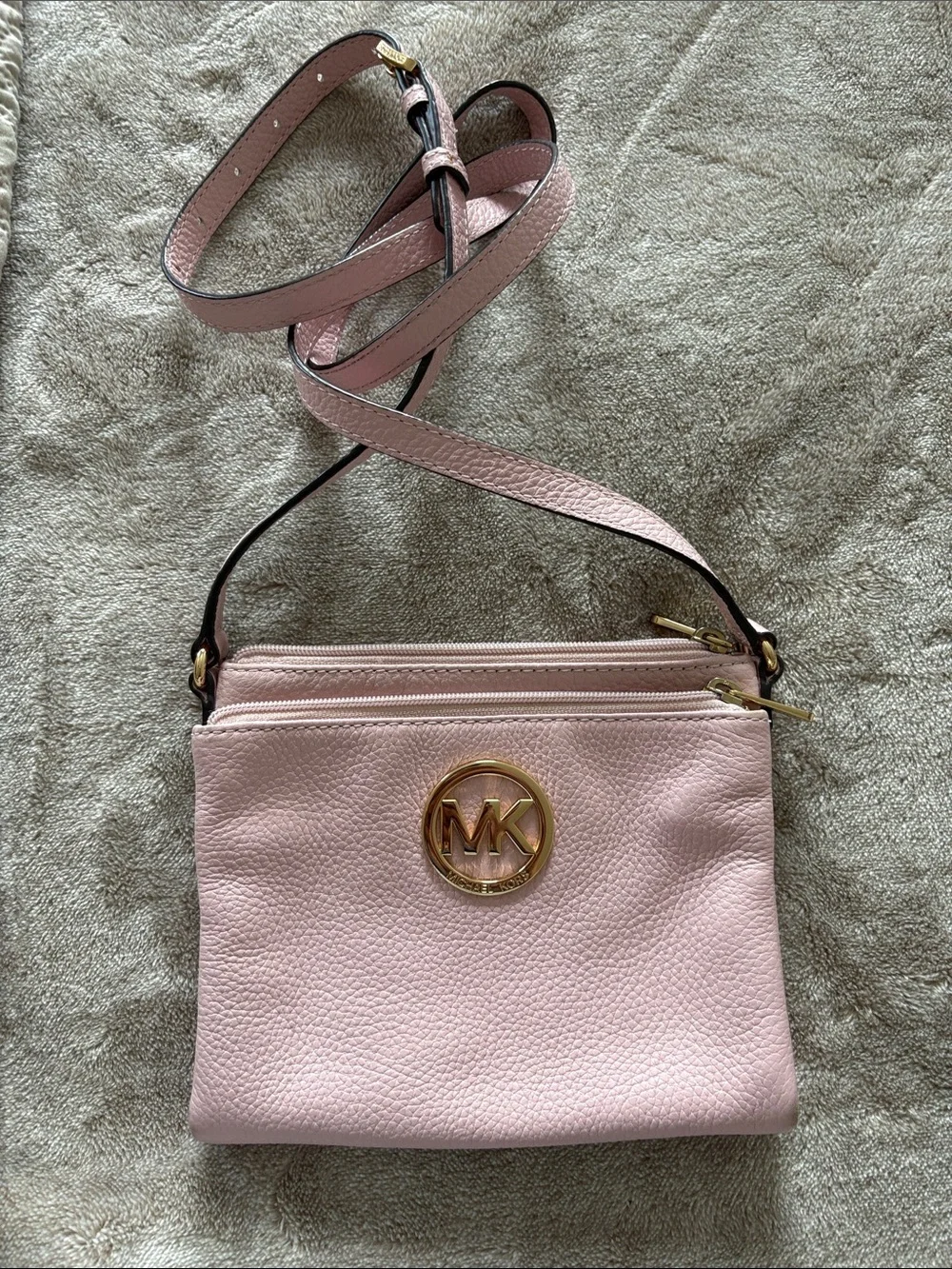 Michael Kors Blush Pebbled Leather Crossbody with Gold MK Emblem